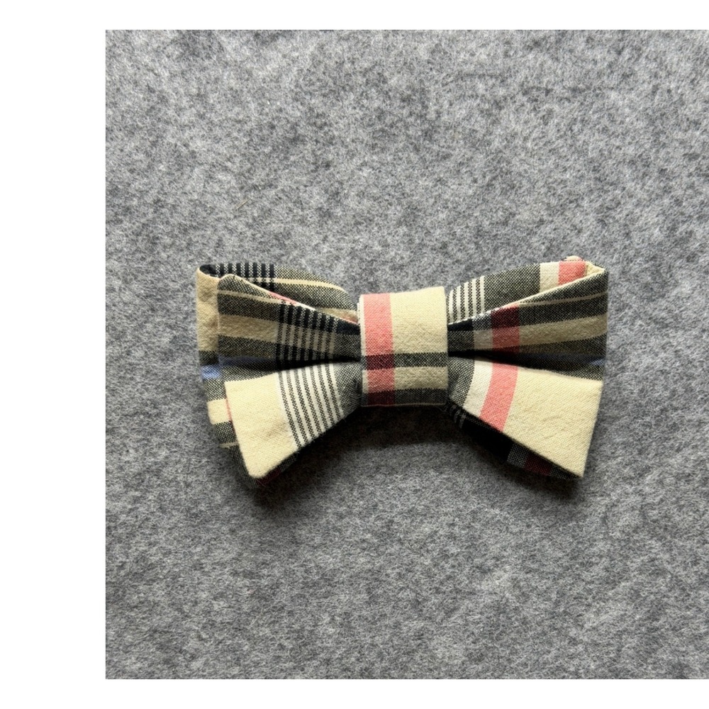 Trax Handmade Dog Plaid Bow Tie Tan Red Blue Check Natural Fabric Los Angeles